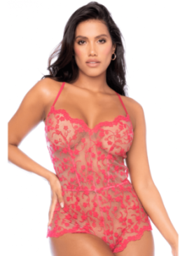 Combishort en dentelle transparente couleur cerise - MAL7543CHRY
